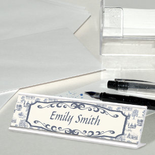 Blue And Creme Toile Desk Name Plate