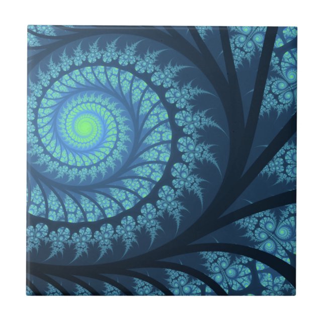 Blue and Cyan Classic Fractal Swirl Tile (Front)