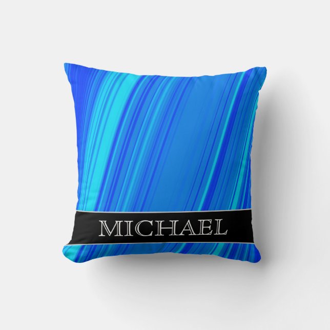 Blue and Cyan Lines Pattern + Custom Name Pillow (Front)