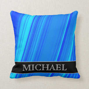 Blue and Cyan Lines Pattern + Custom Name Pillow