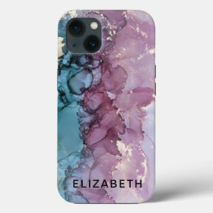 blue and dusty pink gold marble personalized  iPhone 13 case