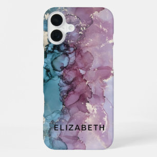 blue and dusty pink gold marble personalized iPhone 16 plus case