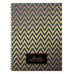 Blue and Faux Gold Chevron Stripes Personalized Notebook