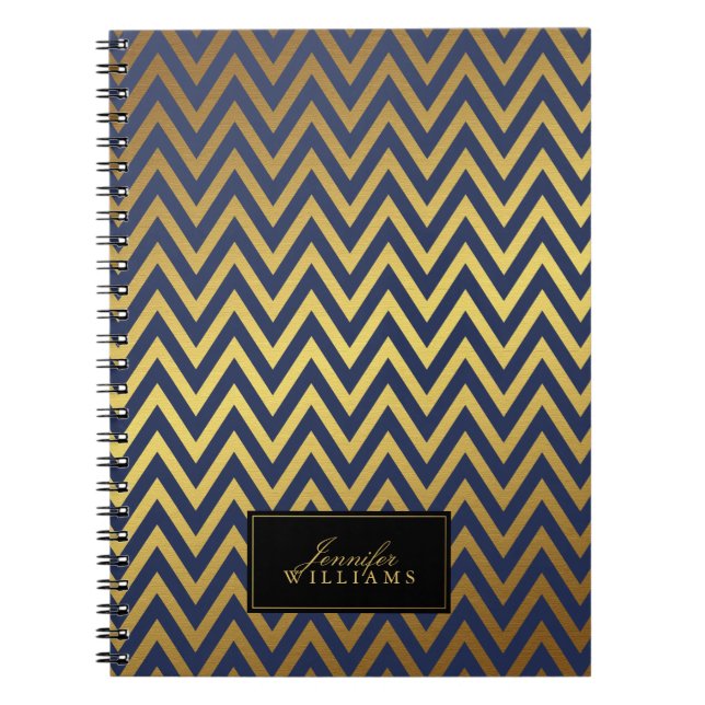 Blue and Faux Gold Chevron Stripes Personalized Notebook (Front)