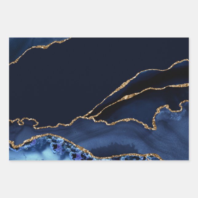 Blue and Faux Gold Glitter Marble Agate Wrapping Paper Sheet (Front)