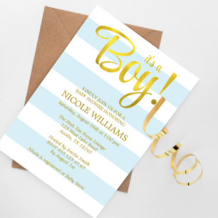 Blue and Faux Gold Stripes Boy Baby Shower Invitation