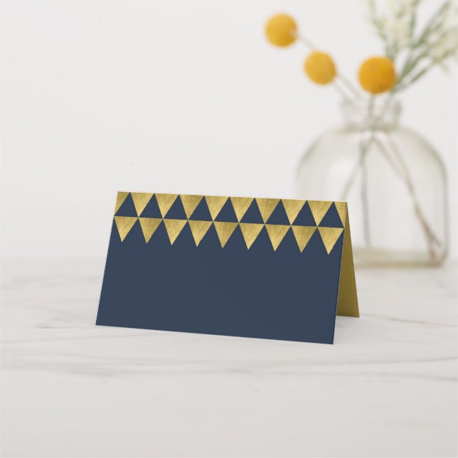 Blue and Faux Gold Triangle Geometric Pattern Place Card (Front)