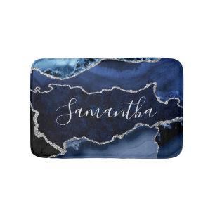 Blue and Faux Silver Glitter Marble Agate Bath Mat