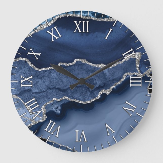 Blue and Faux Silver Glitter Marble Agate Large Clock (Front)