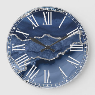 Blue and Faux Silver Glitter Marble Agate Large Clock