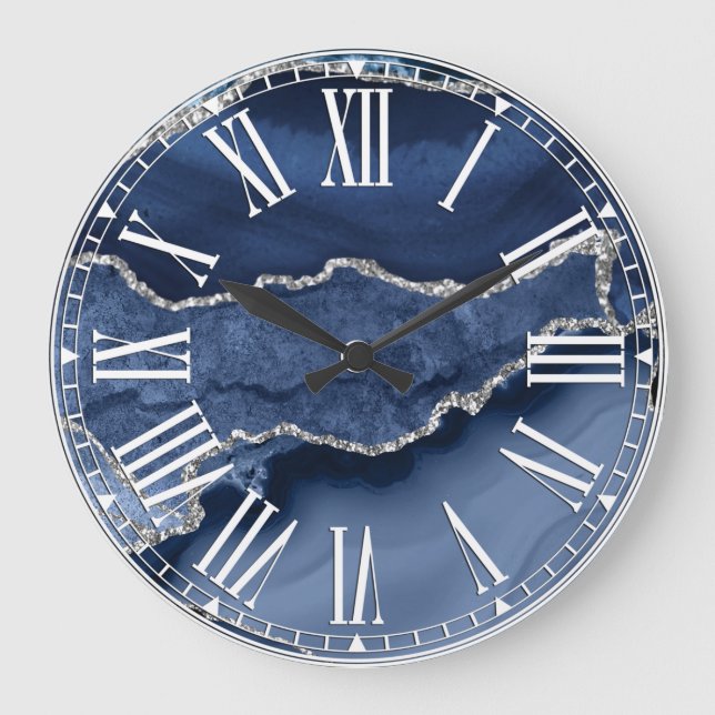 Blue and Faux Silver Glitter Marble Agate Large Clock (Front)