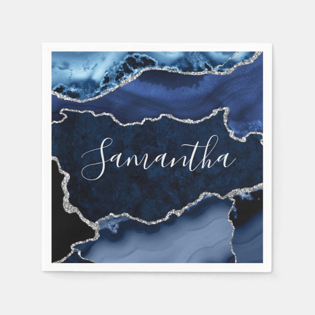 Blue and Faux Silver Glitter Marble Agate Napkin (Front)