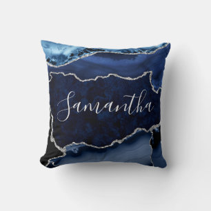 Blue and Faux Silver Glitter Marble Agate Throw Pillow