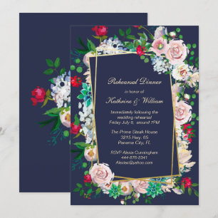 Blue and Floral Frame Wedding Rehearsal Dinner Invitation