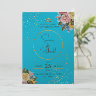 Blue and Floral wedding Invitation