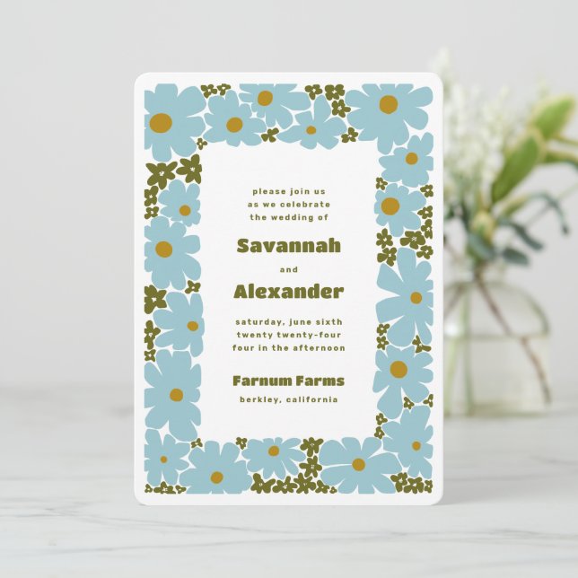 Blue and Forest Green Groovy Blooms Boho Wedding Invitation (Standing Front)