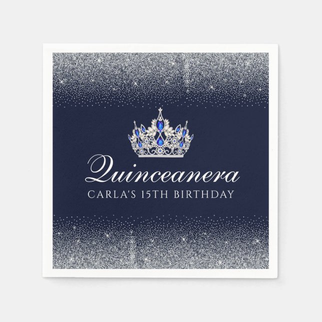 Blue and Glitter Quinceanera Napkin (Front)