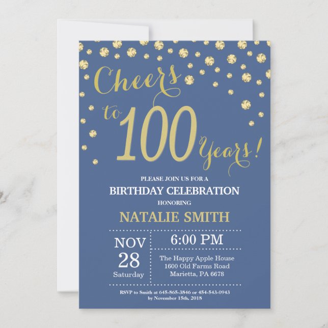 Blue and Gold 100th Birthday Diamond Invitation (Front)