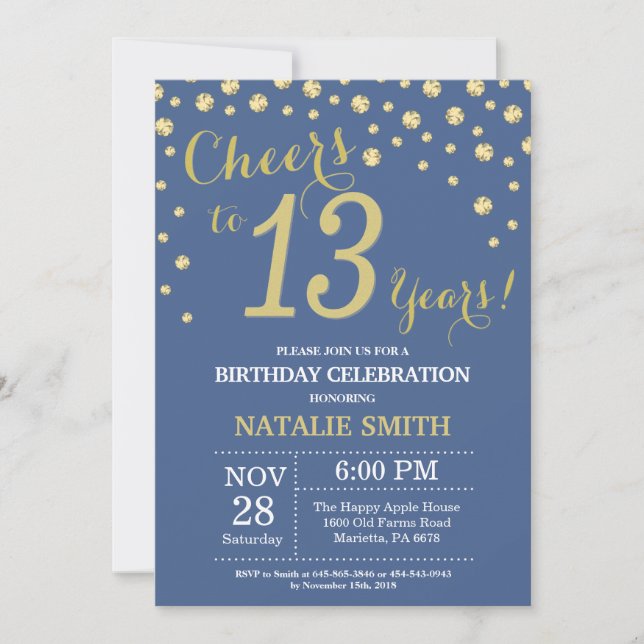 Blue and Gold 13th Birthday Diamond Invitation (Front)