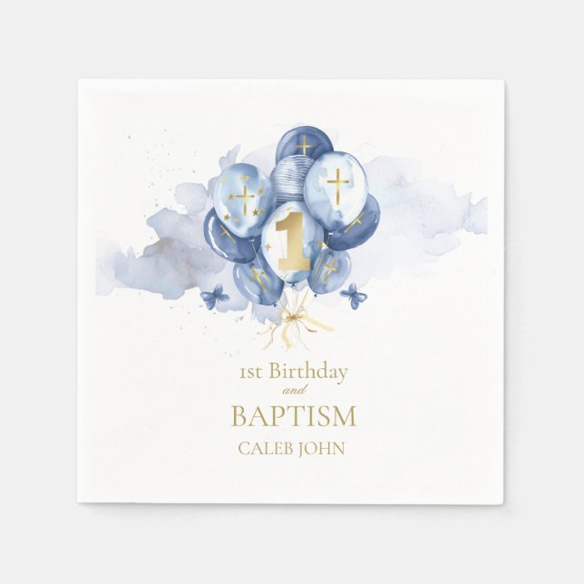 Blue and Gold 1st Birthday and Baptism Napkins (Front)