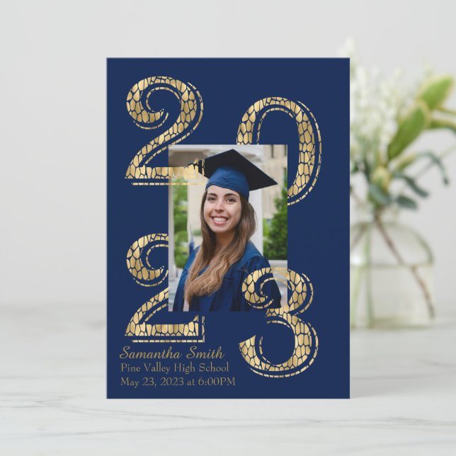 Blue and Gold 2023 Photo Graduation Invitation (Standing Front)