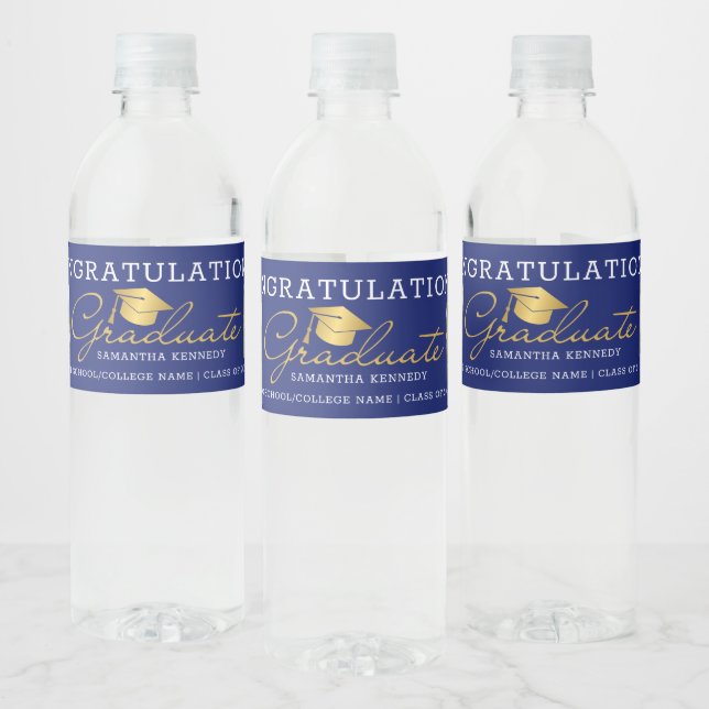  Blue And Gold 2 Photo 2025 Graduation Party  Water Bottle Label (Bottles)