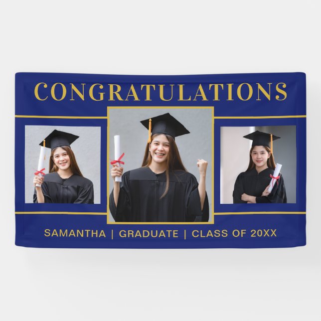 Blue And Gold 3 Photo Graduation Congratulations  Banner (Horizontal)