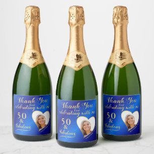 Blue and Gold 50 and Fabulous Birthday Thank You Sparkling Wine Label