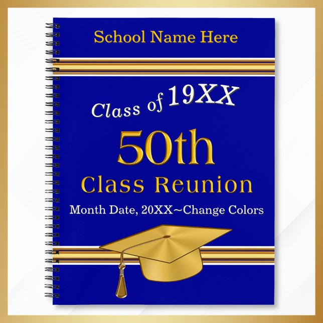 Blue and Gold, 50th Class Reunion Deluxe Notebook (50th class reunion party ideas. Blue Gold 50th high school reunion gifts. 50 year reunion notebook.)