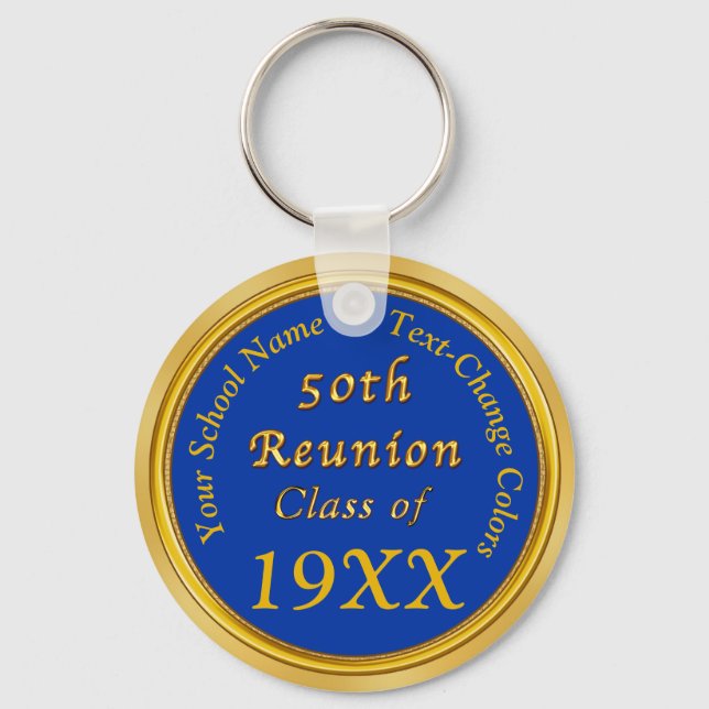 Blue and Gold 50th Class Reunion Party Favors Keychain (Front)