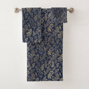 Blue and Gold Abstract Art Deco Leaves Pattern  Bath Towel Set