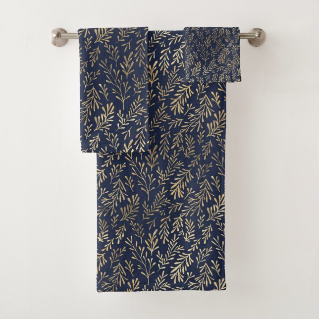 Blue and Gold Abstract Art Deco Leaves Pattern  Bath Towel Set (Insitu)