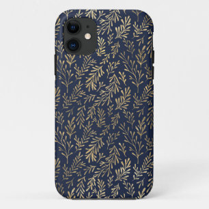 Blue and Gold Abstract Art Deco Leaves Pattern  iPhone 11 Case