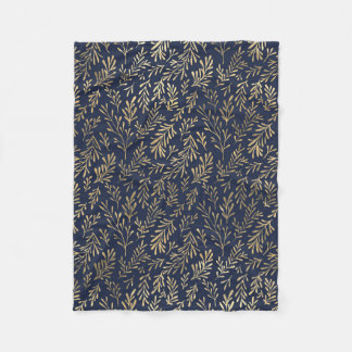 Blue and Gold Abstract Art Deco Leaves Pattern Fleece Blanket