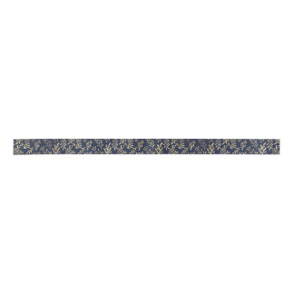 Blue and Gold Abstract Art Deco Leaves Pattern Satin Ribbon