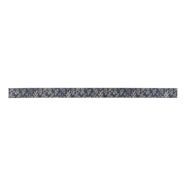 Blue and Gold Abstract Art Deco Leaves Pattern  Satin Ribbon (Front)