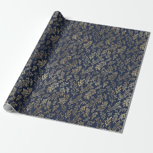 Blue and Gold Abstract Art Deco Leaves Pattern  Wrapping Paper