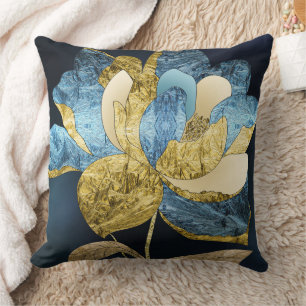 Blue and Gold Abstract Flower with Textured Petals Throw Pillow