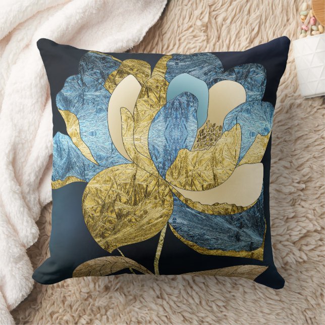 Blue and Gold Abstract Flower with Textured Petals Throw Pillow (Blanket)