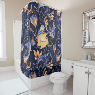 Blue and Gold Abstract Paisley Leaves