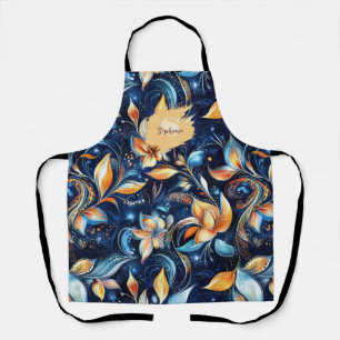 Blue and Gold Abstract Paisley Leaves (2) Apron