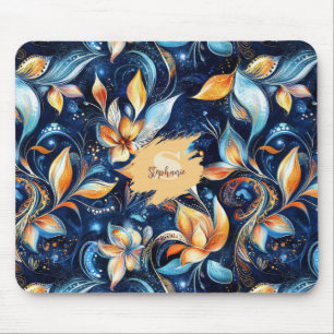 Blue and Gold Abstract Paisley Leaves (2) Mouse Pad