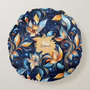 Blue and Gold Abstract Paisley Leaves (2) Round Pillow