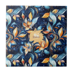 Blue and Gold Abstract Paisley Leaves (2) Tile