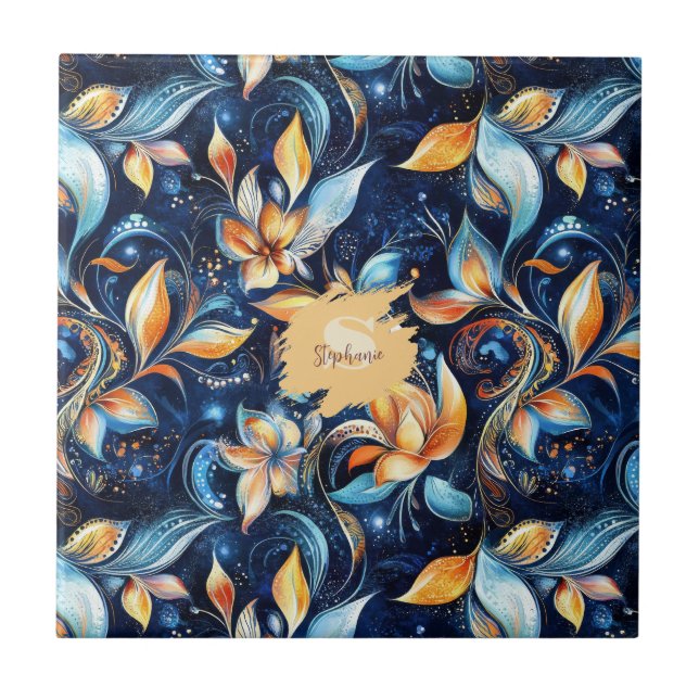 Blue and Gold Abstract Paisley Leaves (2) Tile (Front)