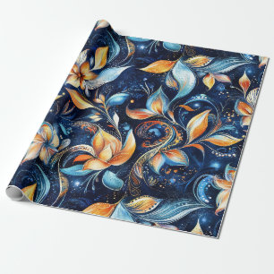Blue and Gold Abstract Paisley Leaves (2) Wrapping Paper