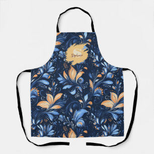 Blue and Gold Abstract Paisley Leaves (3) Apron