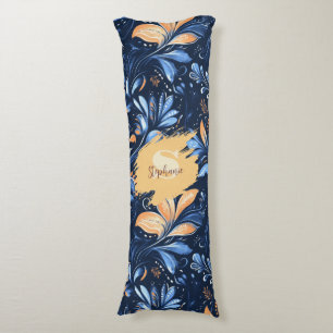 Blue and Gold Abstract Paisley Leaves (3) Body Pillow