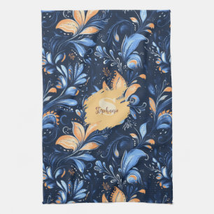 Blue and Gold Abstract Paisley Leaves (3) Kitchen Towel