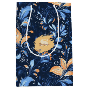 Blue and Gold Abstract Paisley Leaves (3) Medium Gift Bag
